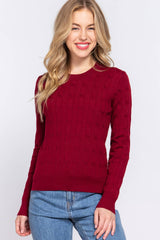 Long Sleeve Round Neck Cable Sweater  NAVY