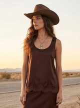 SILKY POLY TANK TOP WITH LACE HEM