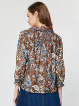 Botanical Floral Print Collared Blouse: Blue Multi / L