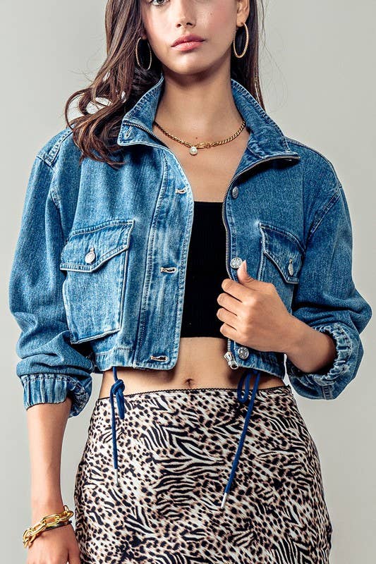 Drawstring Hem Stand Collar Denim Jacket