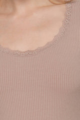 Long Sleeve Scoop Neck with Lace Trim Rib Knit Top: HGY-h grey / L