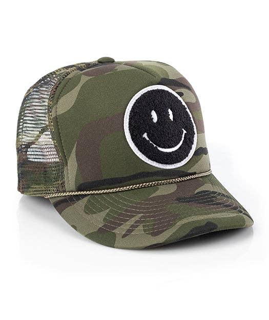 Local Beach Smiley Patch Trucker Hat: Black/Black