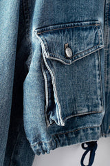 Drawstring Hem Stand Collar Denim Jacket