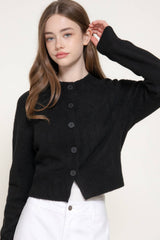 Long Sleeve Round Neck Button Down Sweater Cardigan: GRN-dark green / L