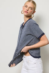 Striped Short Sleeve Button Cardigan: Black / L