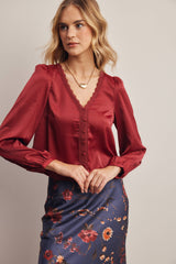 Lace Trim Satin Blouse