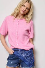 Short Sleeve Button Down Cardigan Top: Pink / L