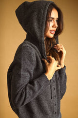 J7311ST   BUTTON FRONT SWEATER JACKET WITH HOOD: CHARCOAL / L