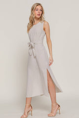 Waist Tie Stripe Linen Midi Dress