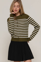 Crew Neck Stripe Sweater Cardigan