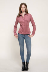 Long Sleeve Button Down Stretch Faux Suede Shirt: TPE-dark beige / L