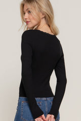 Long Sleeve Scoop Neck with Lace Trim Rib Knit Top: HGY-h grey / L