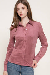 Long Sleeve Button Down Stretch Faux Suede Shirt: TPE-dark beige / L