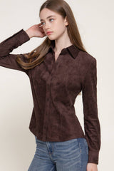 Long Sleeve Button Down Stretch Faux Suede Shirt: TPE-dark beige / L
