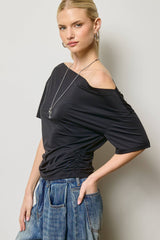 Ruched One Shoulder Short Sleeve Top: Black / L