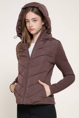 Hight Neck Adjustable Hoodie Quilted Puffer Jacket: IVY-cream / L