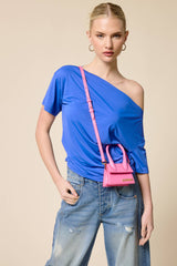 Ruched One Shoulder Short Sleeve Top: Black / L