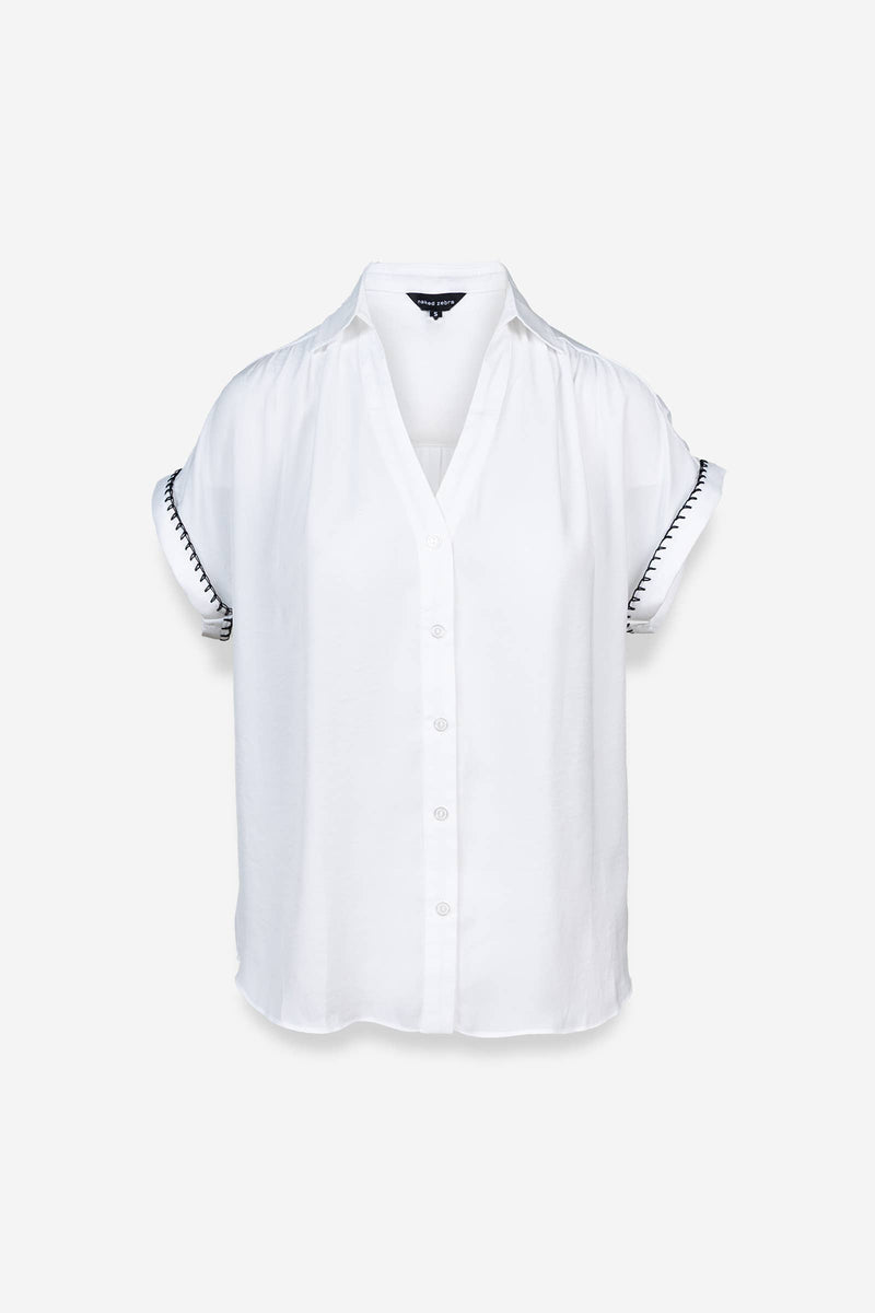 Whipstitch Short Sleeve Button Up Blouse