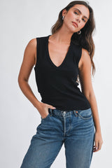 8489HK Ribbed V-Neck Tank Top: Matcha / Contemporary / L