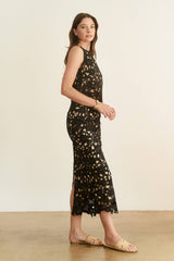 CROCHET CROP SLEEVELESS TOP AND SKIRT SET - HESET0025: Black / L