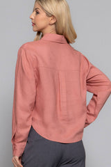 Long Sleeve Button Down Crop Linen Blend Shirt