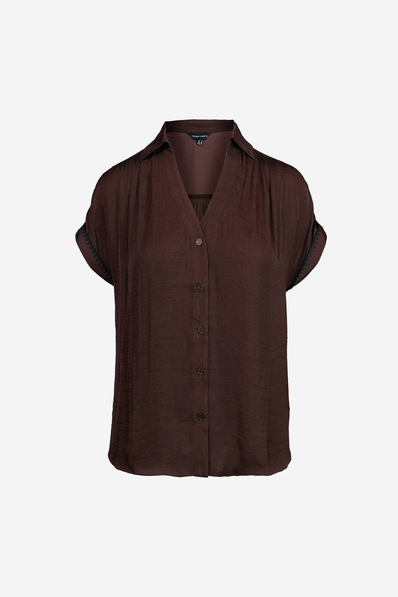 Whipstitch Short Sleeve Button Up Blouse