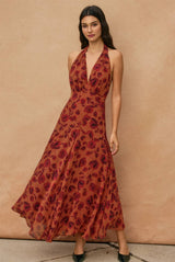 Floral Open Back Drop Waist Halter Dress
