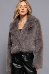 Long Sleeve Notched Collar Faux Fur Cropped Jacket: BRN-dark coffee / L