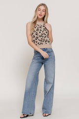 Sleeveless Round Neck Leopard Jacquard Sweater Top: TPE-taupe/brown / L