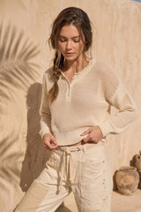 Open Knit Henley Sweater top