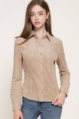 Long Sleeve Button Down Stretch Faux Suede Shirt: TPE-dark beige / L