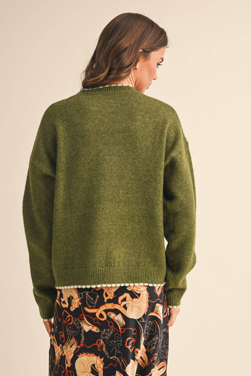 Olive Contrast Trim Sweater