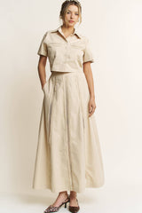 LACE TRIM BUTTON DOWN SHIRT AND MAXI SKIRT SET - HESET0032: SAND / L