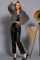 Long Sleeve Notched Collar Faux Fur Cropped Jacket: BRN-dark coffee / L