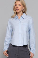 Long Sleeve Button Down Crop Linen Blend Shirt
