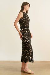 CROCHET CROP SLEEVELESS TOP AND SKIRT SET - HESET0025: Black / L