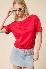 Ruched One Shoulder Short Sleeve Top: Black / L