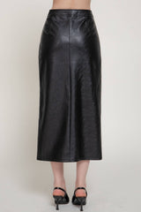 Front Slit Texture Faux Leather Pencil Midi Skirt: BLK-black / L