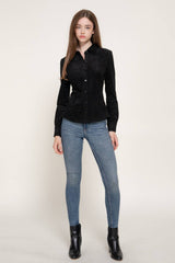 Long Sleeve Button Down Stretch Faux Suede Shirt: TPE-dark beige / L