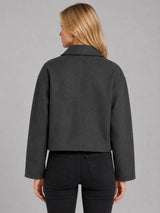 Women's Button Front Cropped Woolen Jacket: Gray / L