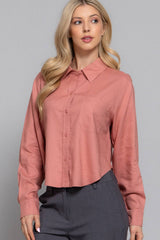 Long Sleeve Button Down Crop Linen Blend Shirt