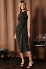 Round Neck Side Knot Drape Lurex  Midi