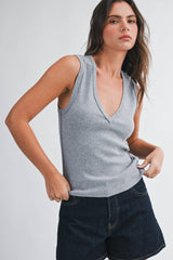 8489HK Ribbed V-Neck Tank Top: Matcha / Contemporary / M