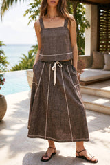 LINEN STITCH MIDI SKIRT: DARK BROWN / S