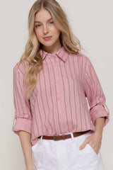 Long Sleeve Button Down Stripe Linen Oversized Shirt: