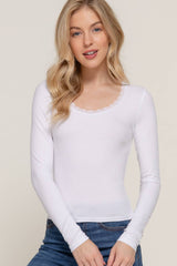 Long Sleeve Scoop Neck with Lace Trim Rib Knit Top: HGY-h grey / L