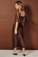 Sheer Chiffon Cape Overlay Satin Boat Neck Slip Midi