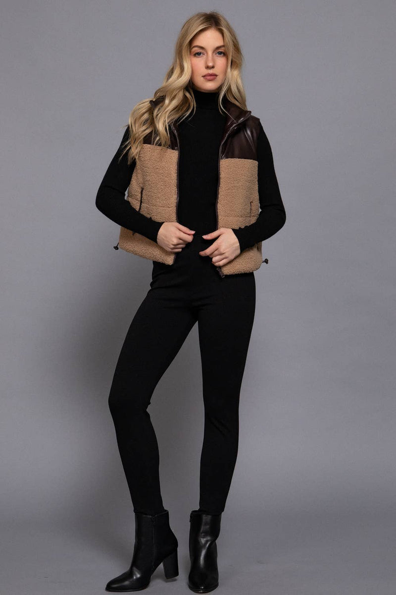 Reversible Faux Leather-Sherpa Crop Vest