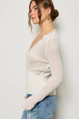 Lace Trim V Neck Knit Cardigan