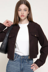 Long Sleeve Crew Neck Felt Jacket with Pocket Flap Detail: BRN-dark brown / L